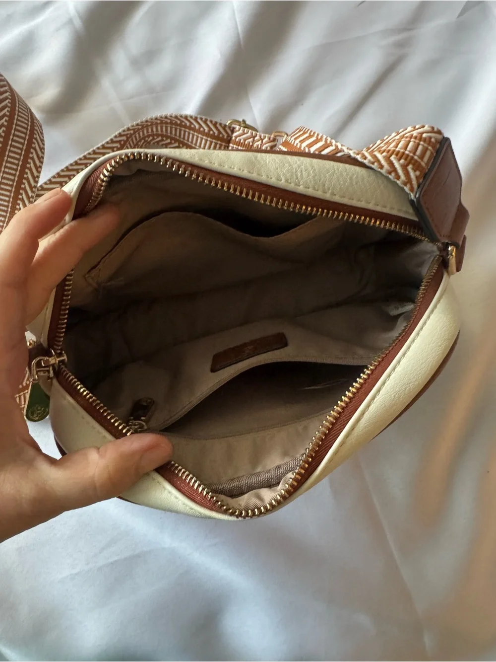 Quilted Cream and Brown Crossbody with Patterned Strap